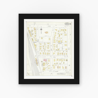 Old map wall art mockup — black gallery frame with white mat — Sanborn Fire Insurance Map from Albert Lea, Freeborn County, Minnesota (1910), Sheet #0006