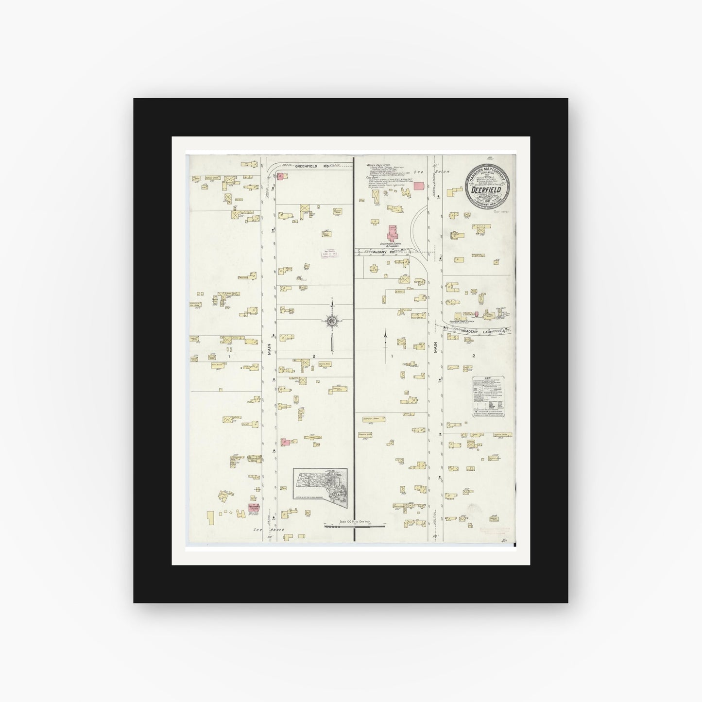 Old map wall art mockup — black gallery frame with white mat — Sanborn Fire Insurance Map from Deerfield, Franklin County, Massachusetts (1912), Sheet #0001