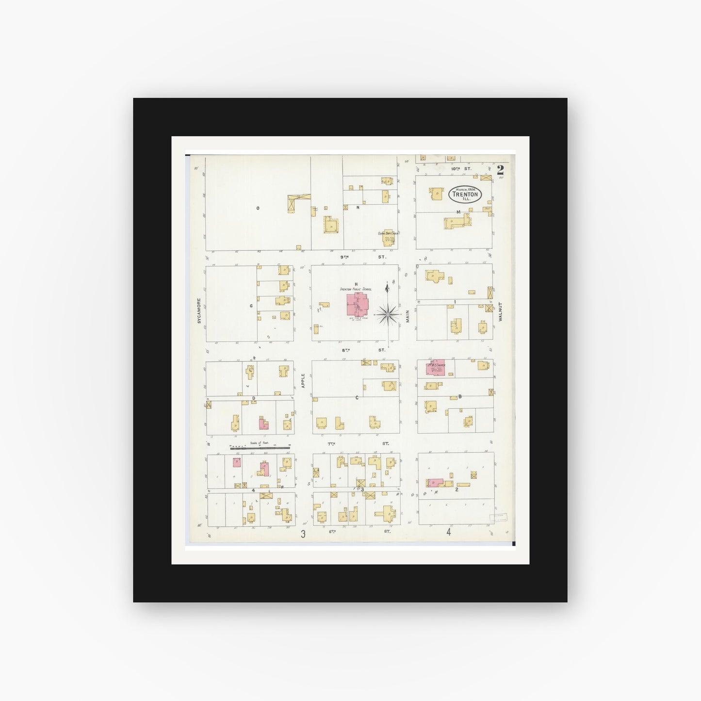 Old map wall art mockup — black gallery frame with white mat — Sanborn Fire Insurance Map from Trenton, Clinton County, Illinois (1906), Sheet #0002