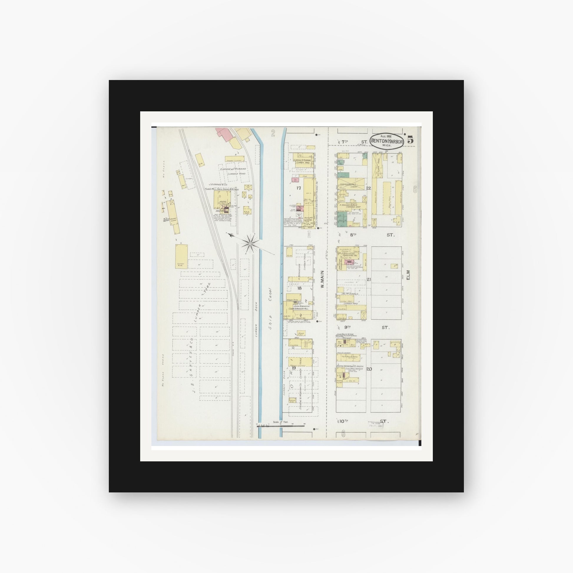 Old map wall art mockup — black gallery frame with white mat — Sanborn Fire Insurance Map from Benton Harbor, Berrien County, Michigan (1892), Sheet #0005