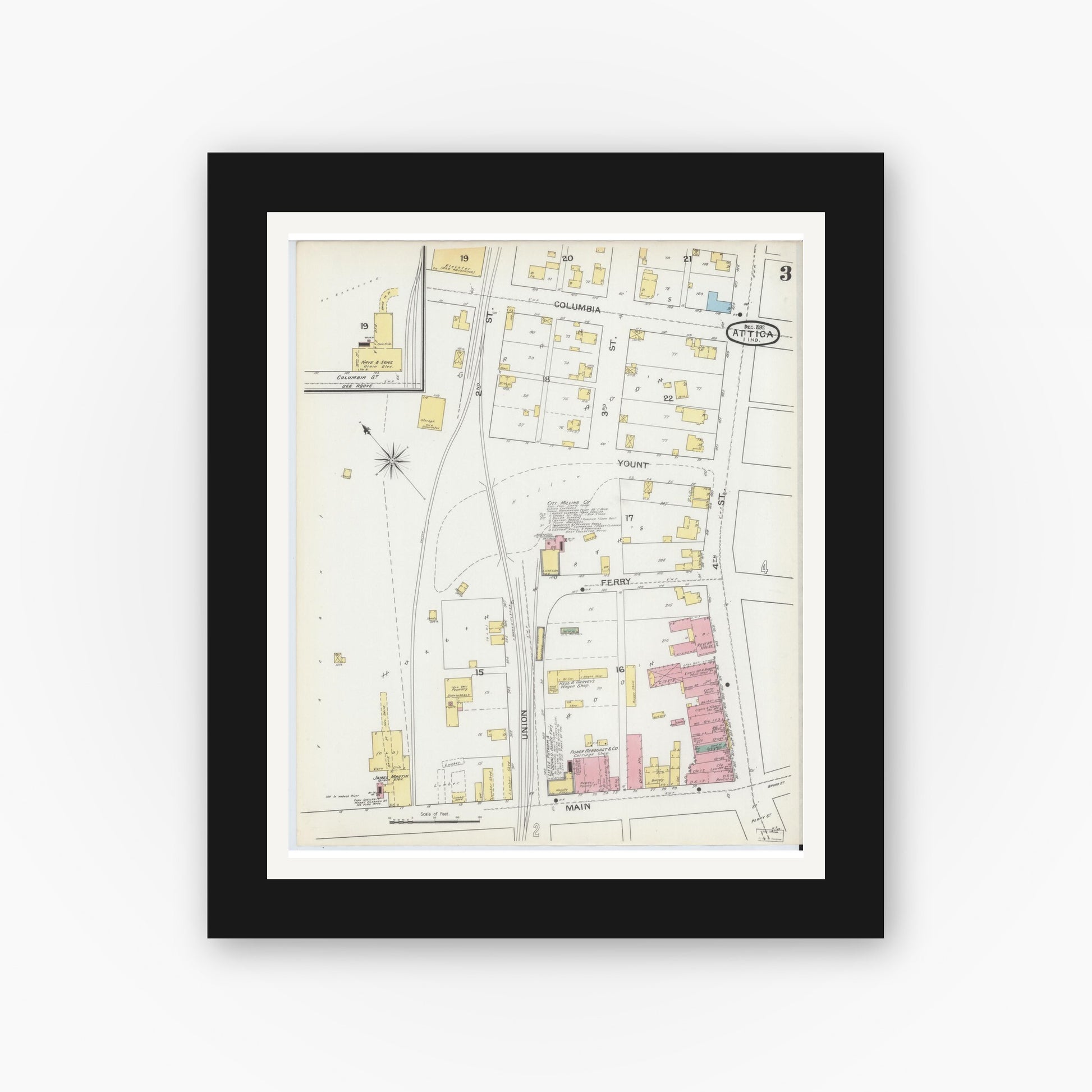 Old map wall art mockup — black gallery frame with white mat — Sanborn Fire Insurance Map from Attica, Fountain County, Indiana (1892), Sheet #0003