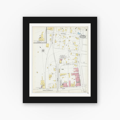 Old map wall art mockup — black gallery frame with white mat — Sanborn Fire Insurance Map from Attica, Fountain County, Indiana (1892), Sheet #0003