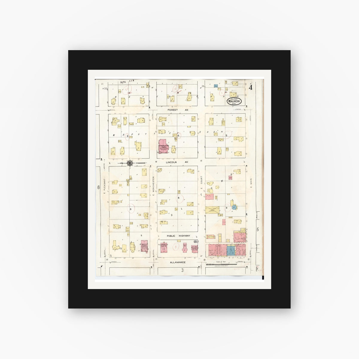 Old map wall art mockup — black gallery frame with white mat — Sanborn Fire Insurance Map from Waukon, Allamakee County, Iowa (1934), Sheet #0004