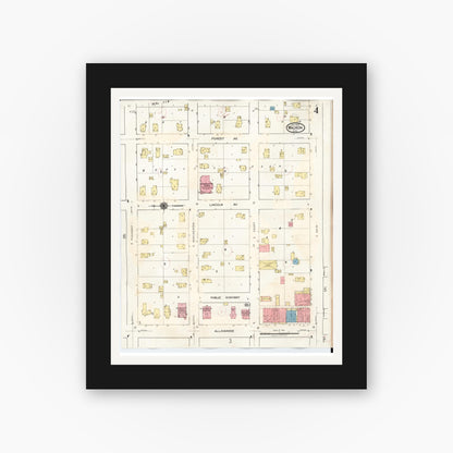 Old map wall art mockup — black gallery frame with white mat — Sanborn Fire Insurance Map from Waukon, Allamakee County, Iowa (1934), Sheet #0004