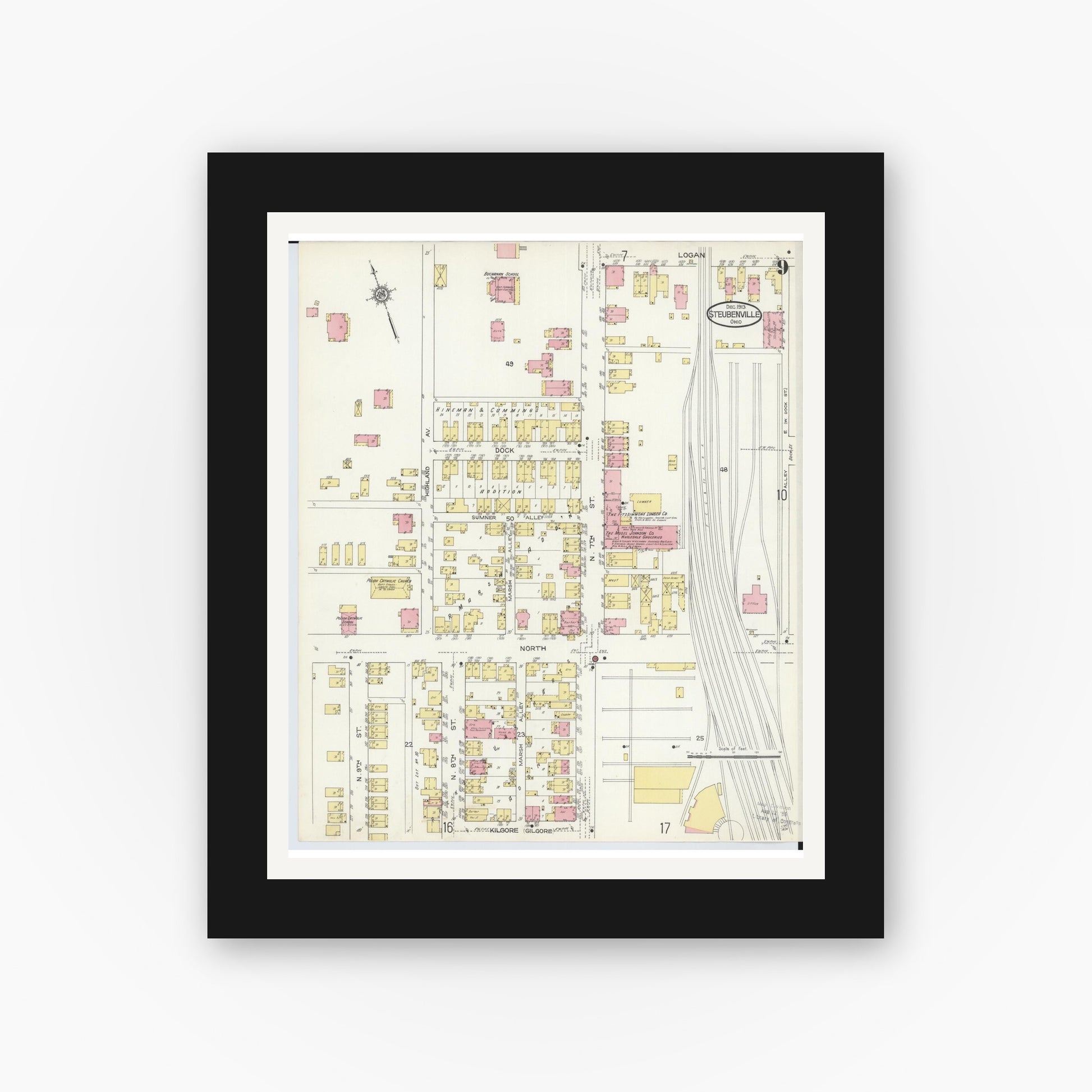 Old map wall art mockup — black gallery frame with white mat — Sanborn Fire Insurance Map from Steubenville, Jefferson County, Ohio (1913), Sheet #0009