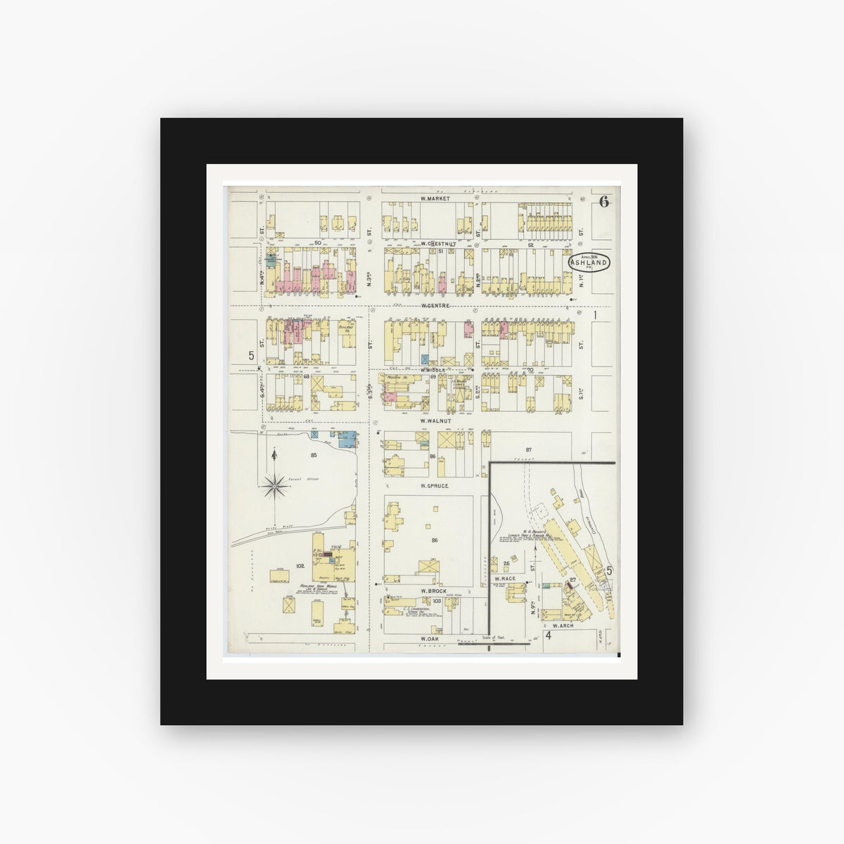 Old map wall art mockup — black gallery frame with white mat — Sanborn Fire Insurance Map from Ashland, Schuylkill County, Pennsylvania (1896), Sheet #0006