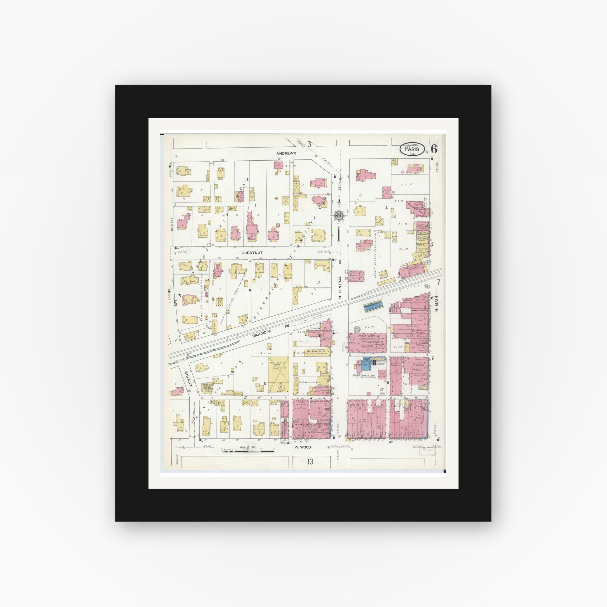 Old map wall art mockup — black gallery frame with white mat — Sanborn Fire Insurance Map from Paris, Edgar County, Illinois (1916), Sheet #0006