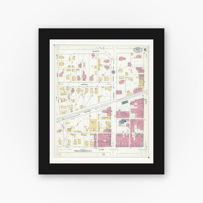 Old map wall art mockup — black gallery frame with white mat — Sanborn Fire Insurance Map from Paris, Edgar County, Illinois (1916), Sheet #0006