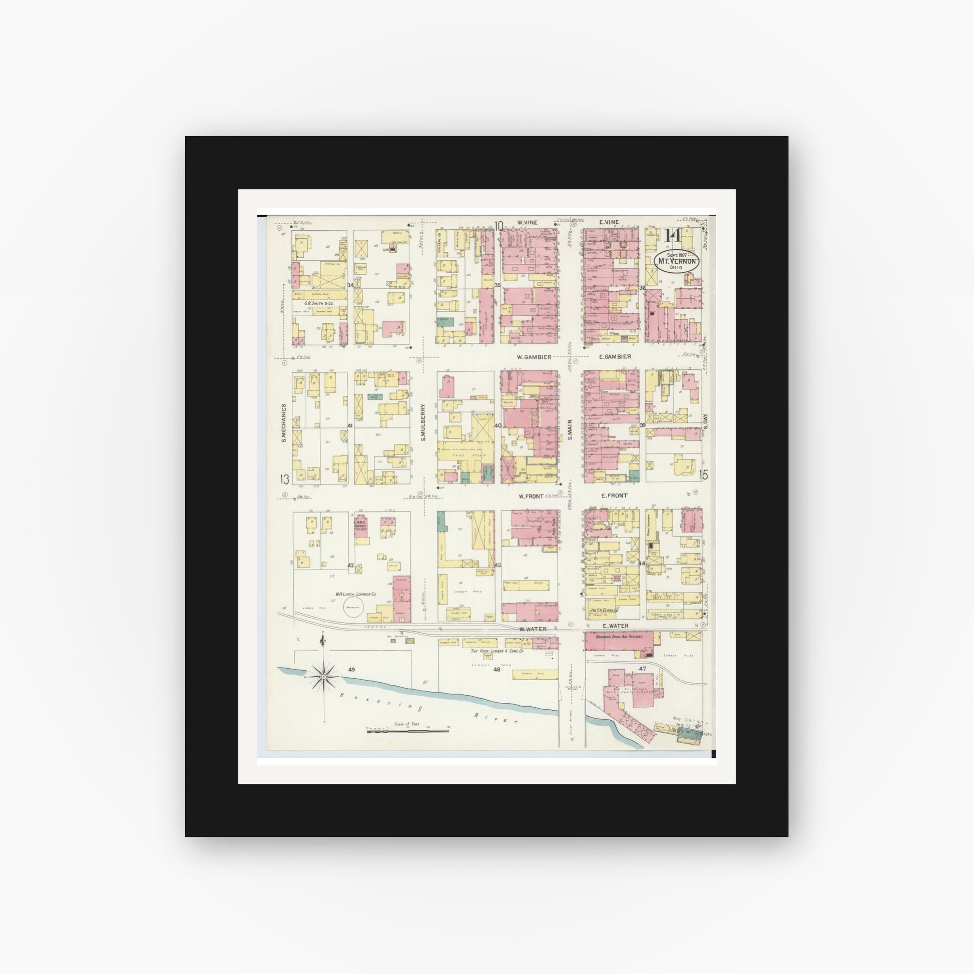Old map wall art mockup — black gallery frame with white mat — Sanborn Fire Insurance Map from Mount Vernon, Knox County, Ohio (1907), Sheet #0014