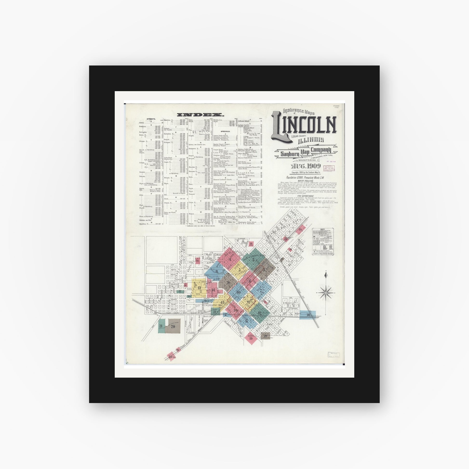 Old map wall art mockup — black gallery frame with white mat — Sanborn Fire Insurance Map from Lincoln, Logan County, Illinois (1909), Sheet #0001