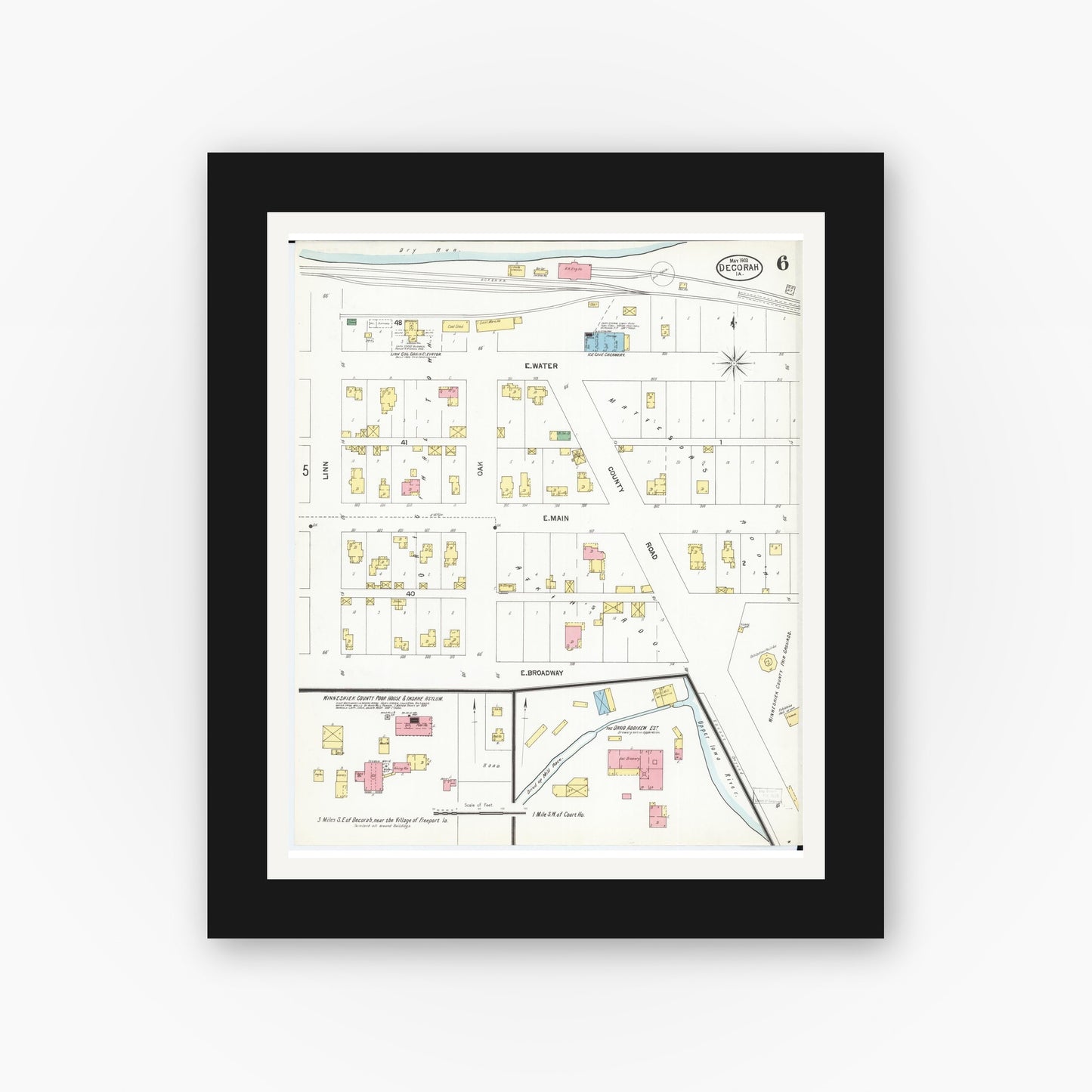 Old map wall art mockup — black gallery frame with white mat — Sanborn Fire Insurance Map from Decorah, Winneshiek County, Iowa (1902), Sheet #0006