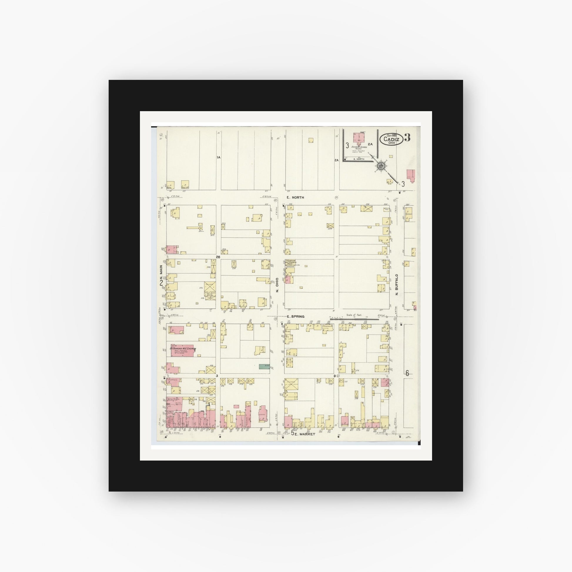 Old map wall art mockup — black gallery frame with white mat — Sanborn Fire Insurance Map from Cadiz, Harrison County, Ohio (1909), Sheet #0003