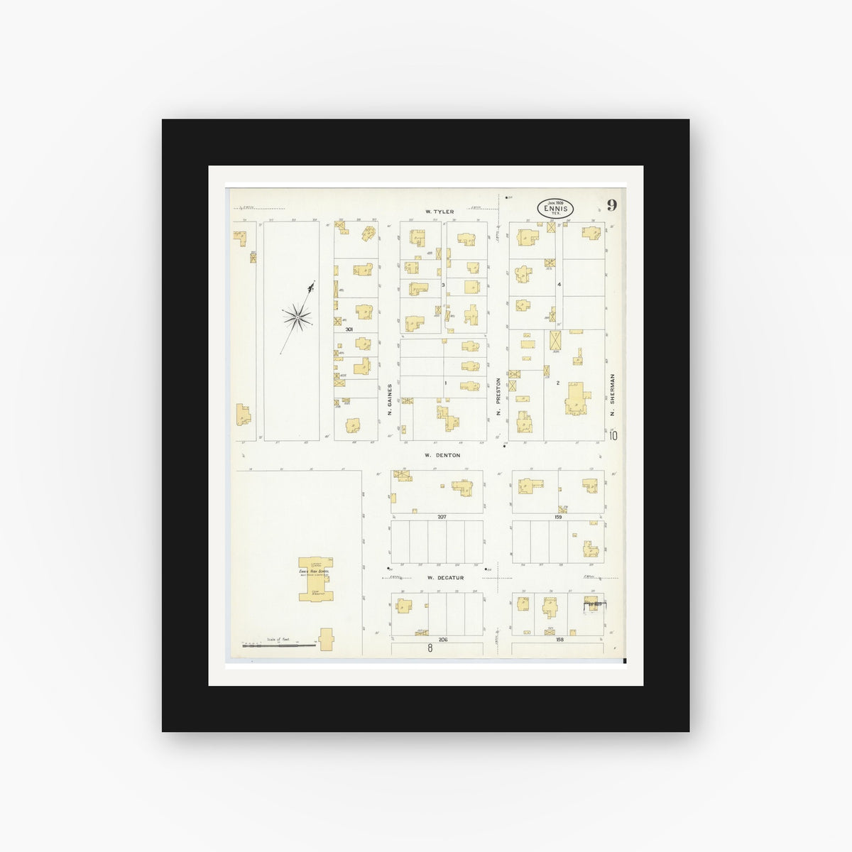 Old map wall art mockup — black gallery frame with white mat — Sanborn Fire Insurance Map from Ennis, Ellis County, Texas (1909), Sheet #0009