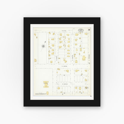 Old map wall art mockup — black gallery frame with white mat — Sanborn Fire Insurance Map from Ennis, Ellis County, Texas (1909), Sheet #0009