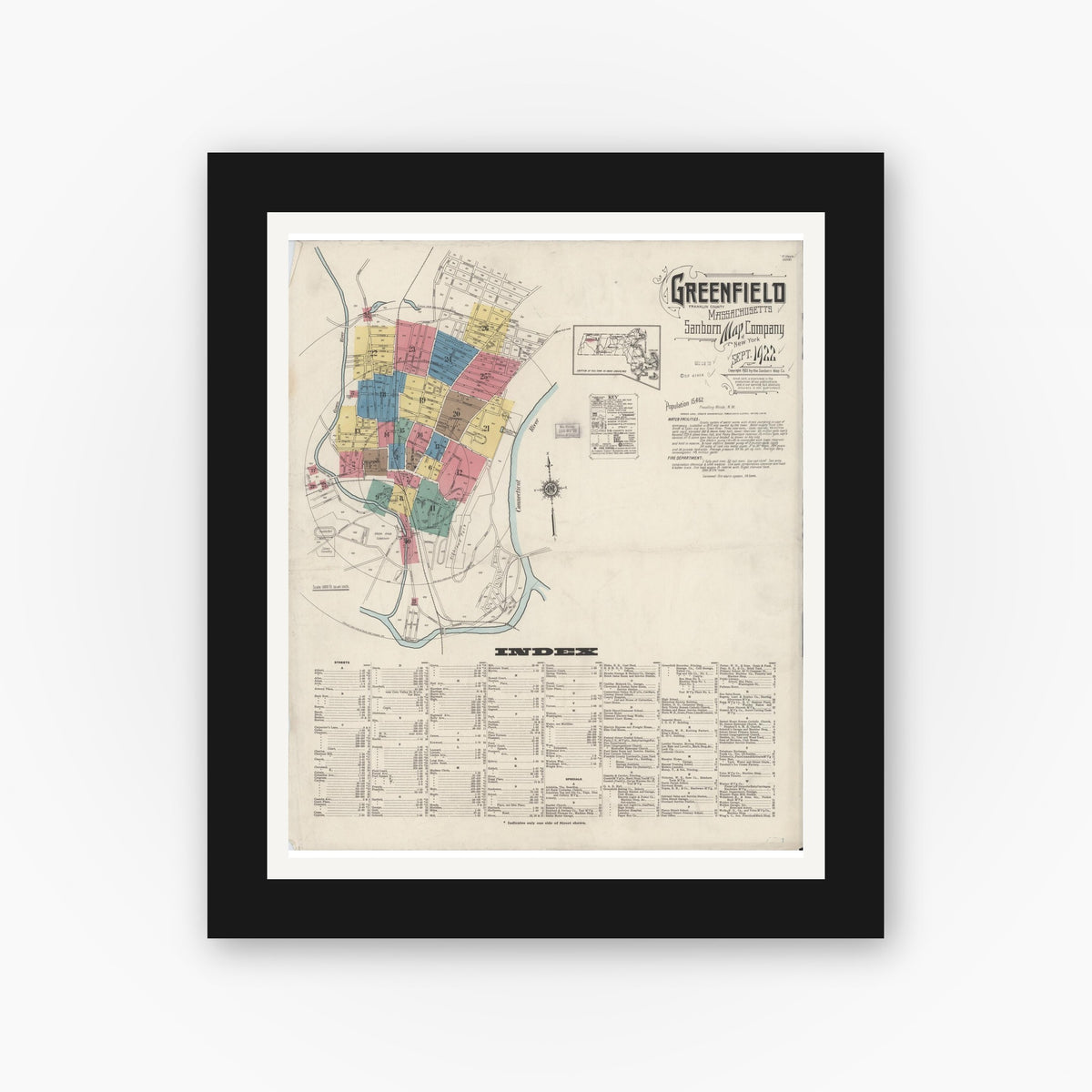 Old map wall art mockup — black gallery frame with white mat — Sanborn Fire Insurance Map from Greenfield, Franklin County, Massachusetts (1922), Sheet #0001