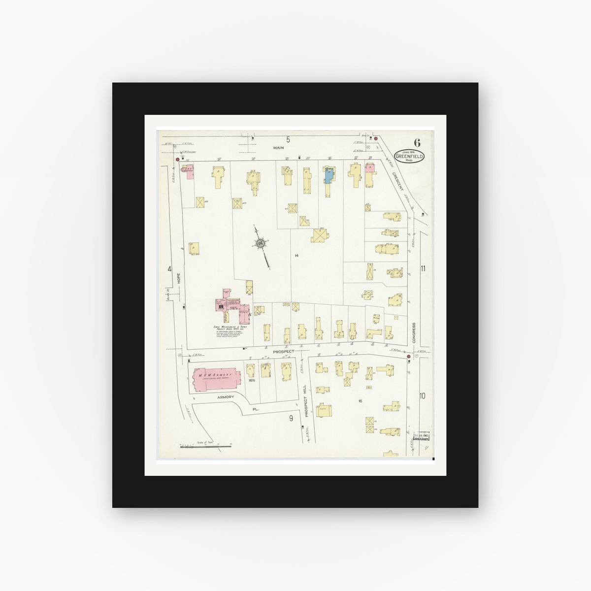 Old map wall art mockup — black gallery frame with white mat — Sanborn Fire Insurance Map from Greenfield, Franklin County, Massachusetts (1914), Sheet #0006
