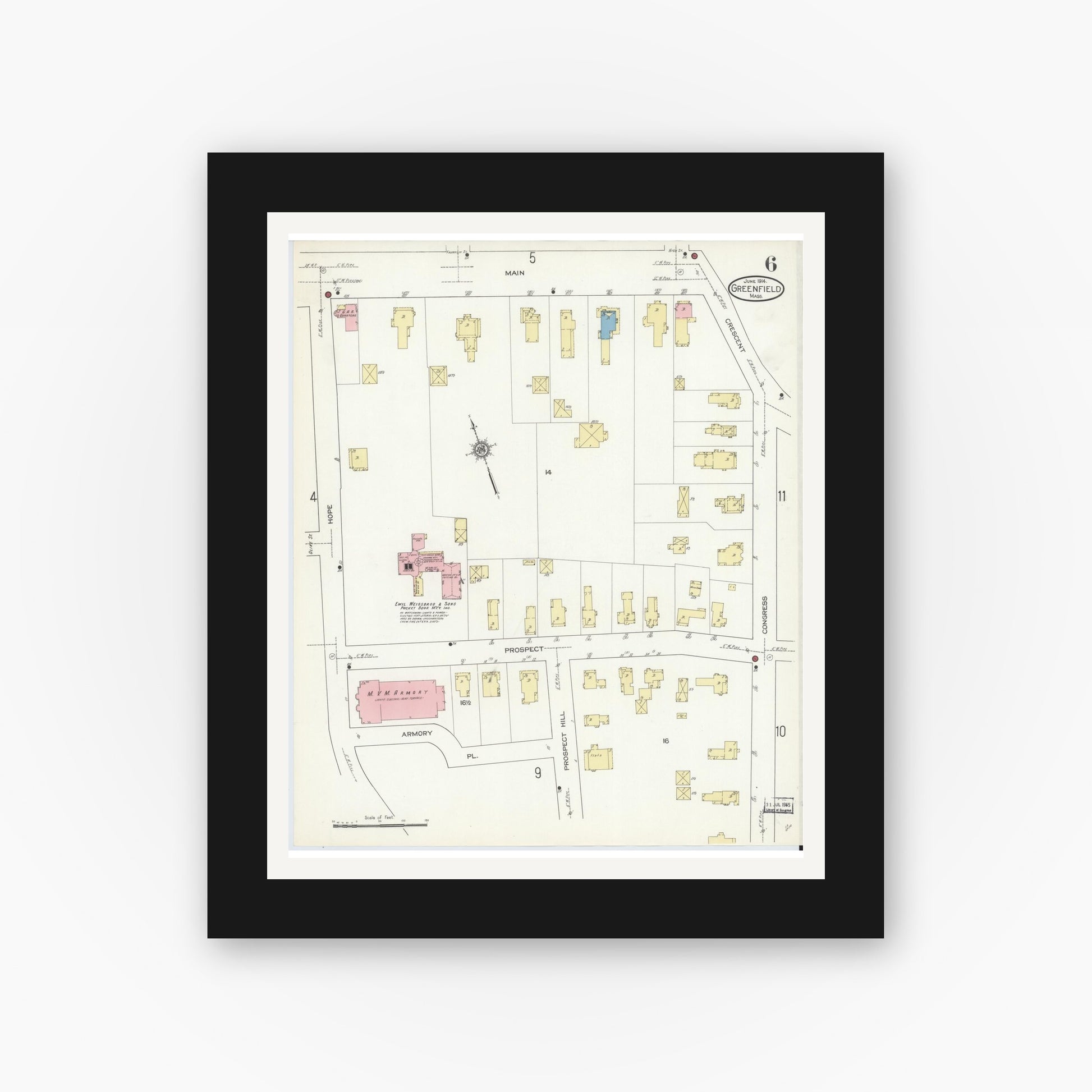 Old map wall art mockup — black gallery frame with white mat — Sanborn Fire Insurance Map from Greenfield, Franklin County, Massachusetts (1914), Sheet #0006