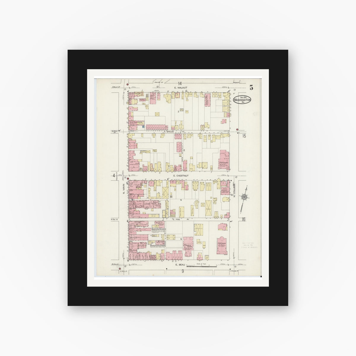 Old map wall art mockup — black gallery frame with white mat — Sanborn Fire Insurance Map from Washington, Washington County, Pennsylvania (1914), Sheet #0005
