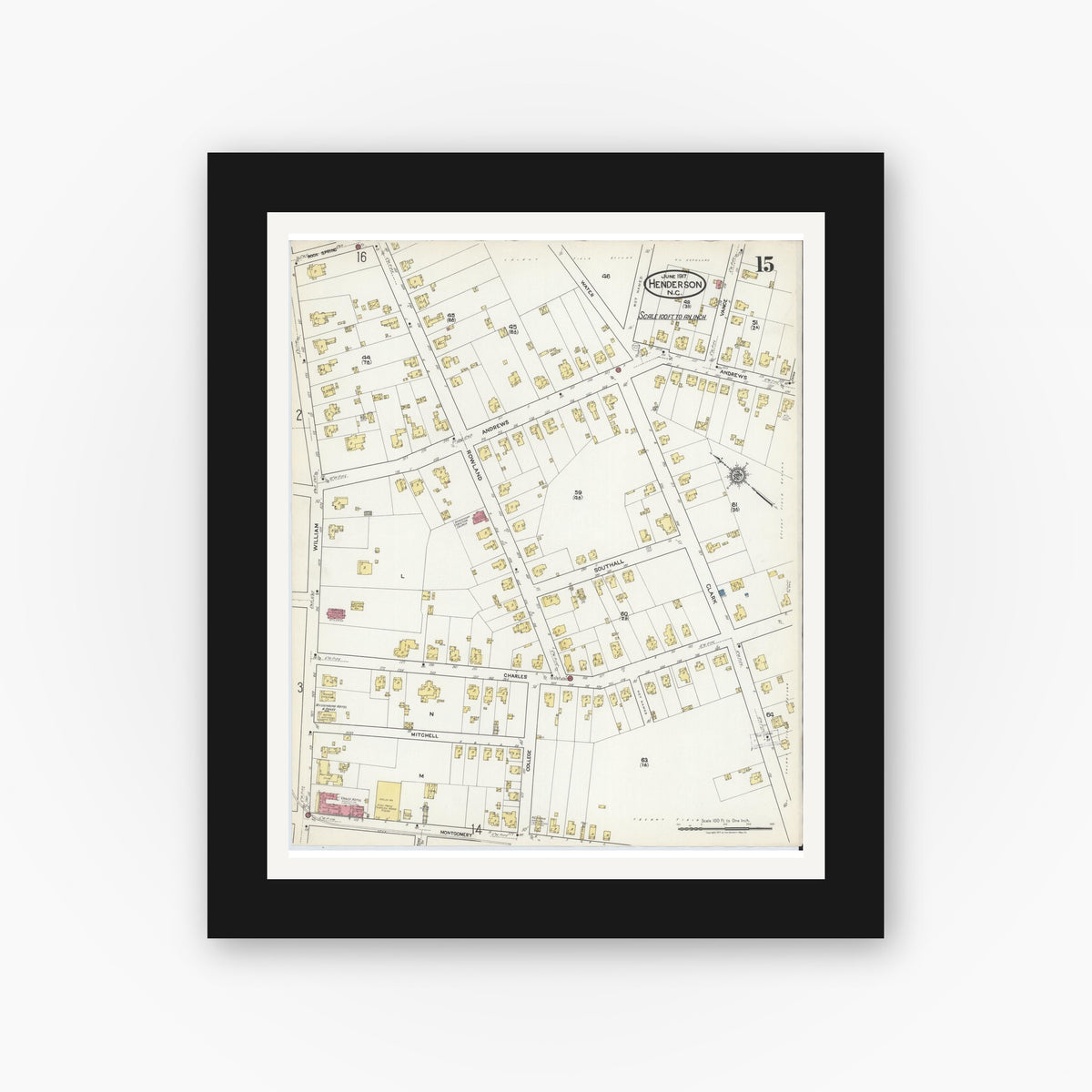 Old map wall art mockup — black gallery frame with white mat — Sanborn Fire Insurance Map from Henderson, Vance County, North Carolina (1917), Sheet #0015
