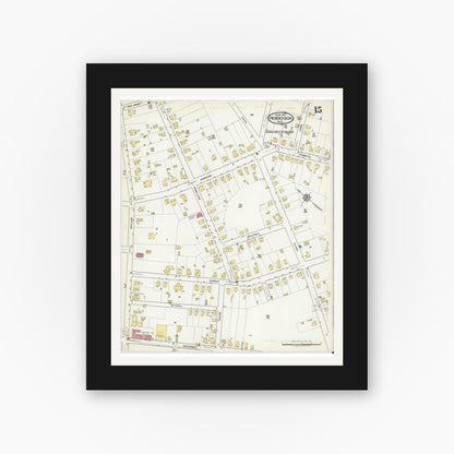 Old map wall art mockup — black gallery frame with white mat — Sanborn Fire Insurance Map from Henderson, Vance County, North Carolina (1917), Sheet #0015