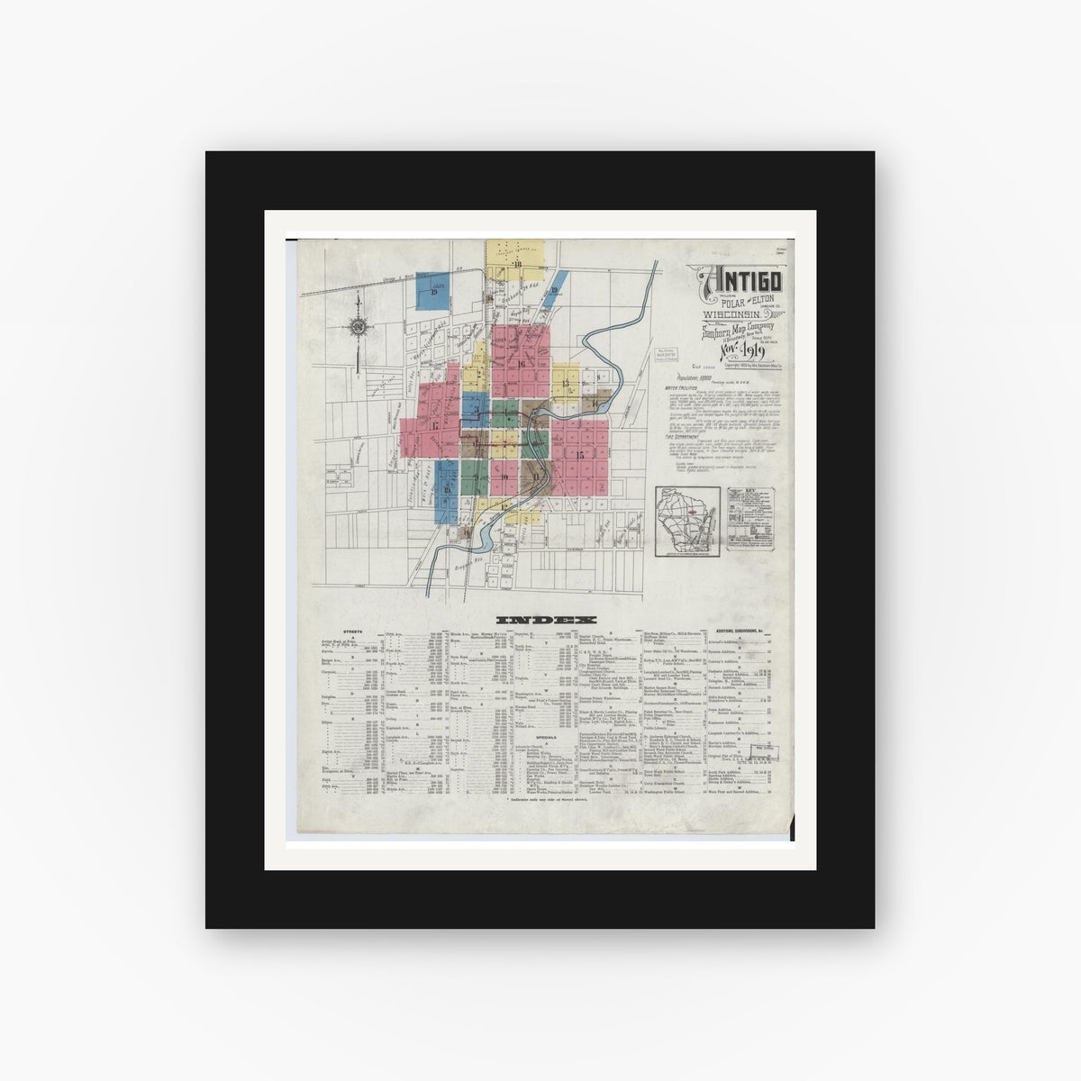 Old map wall art mockup — black gallery frame with white mat — Sanborn Fire Insurance Map from Antigo, Langlade County, Wisconsin (1919) - Complete Map Set