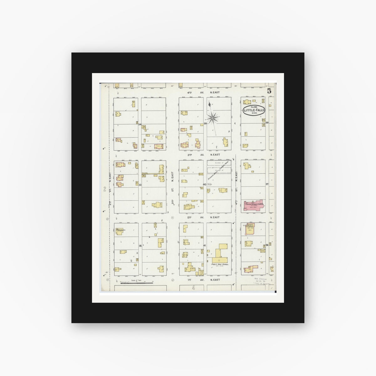 Old map wall art mockup — black gallery frame with white mat — Sanborn Fire Insurance Map from Little Falls, Morrison County, Minnesota (1895), Sheet #0005