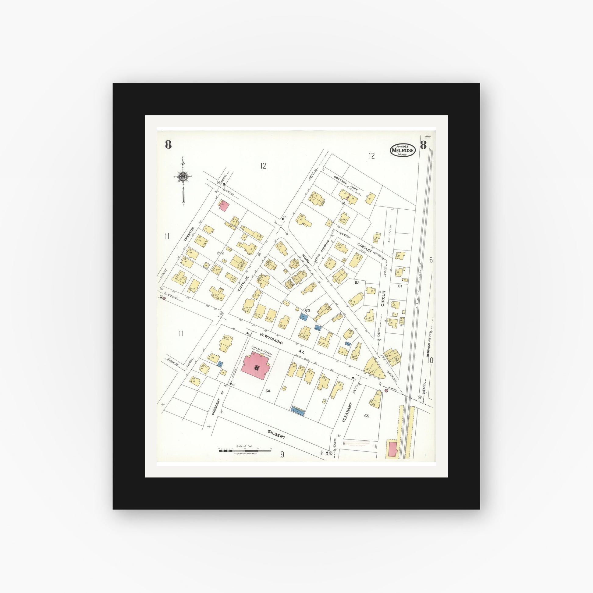 Old map wall art mockup — black gallery frame with white mat — Sanborn Fire Insurance Map from Melrose, Middlesex County, Massachusetts (1923), Sheet #0008
