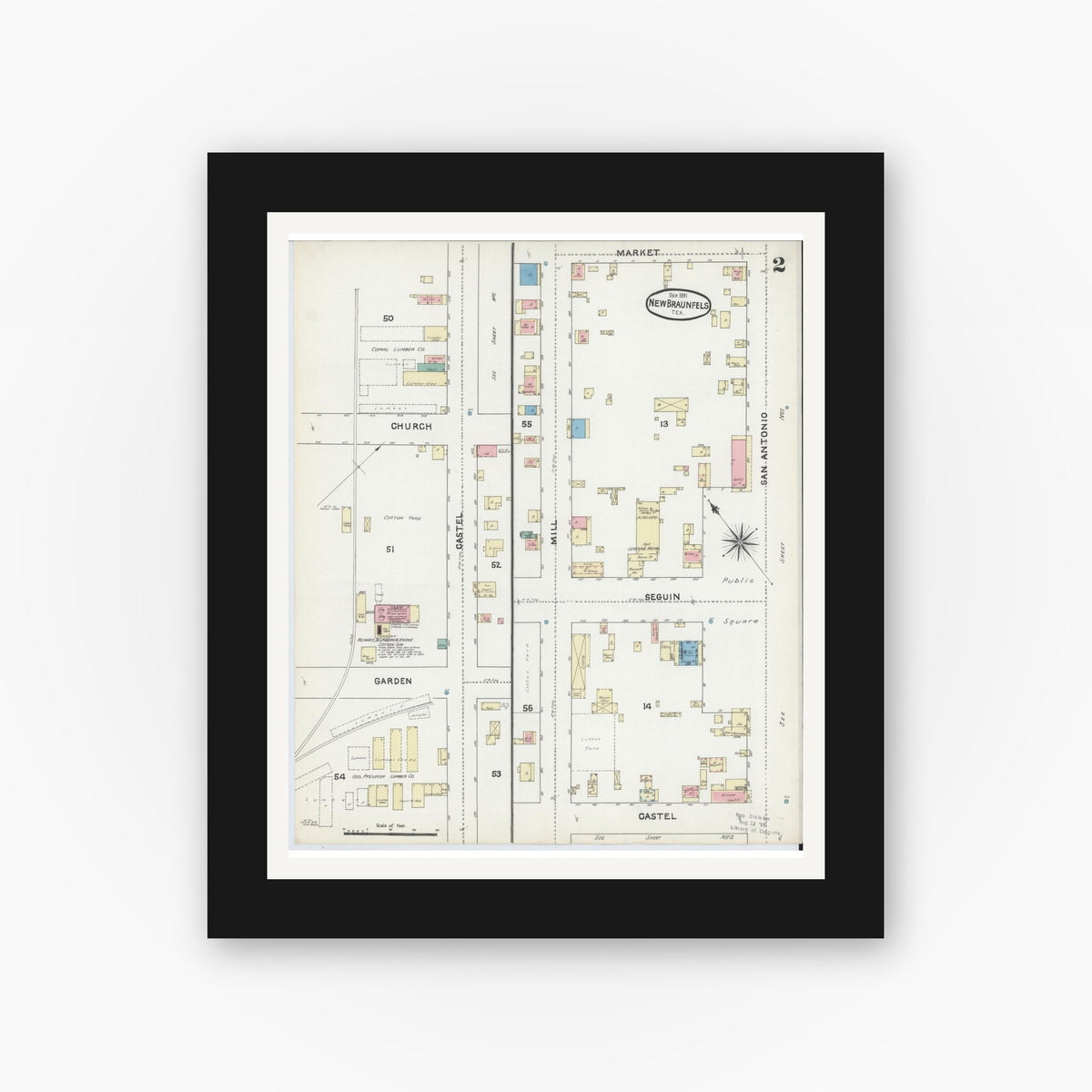 Old map wall art mockup — black gallery frame with white mat — Sanborn Fire Insurance Map from New Braunfels, Comal County, Texas (1891), Sheet #0002