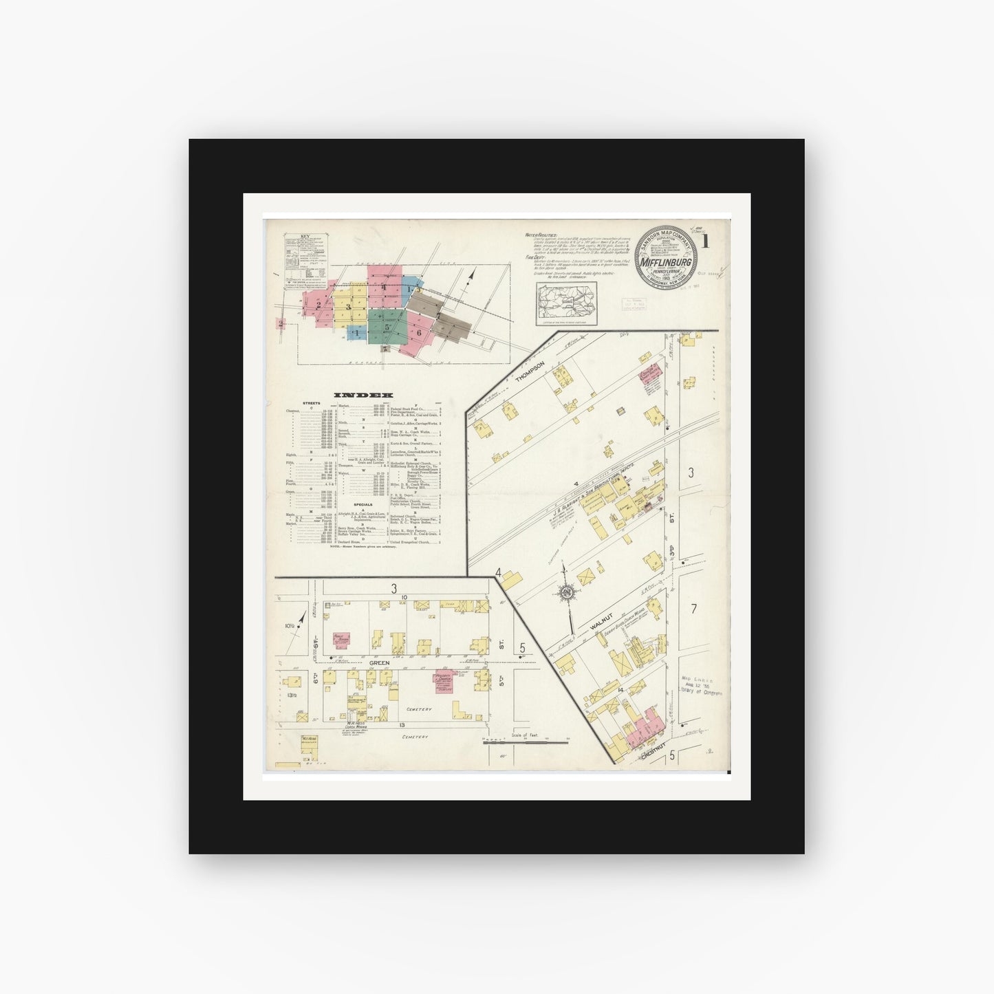 Old map wall art mockup — black gallery frame with white mat — Sanborn Fire Insurance Map from Mifflinburg, Union County, Pennsylvania (1913), Sheet #0001
