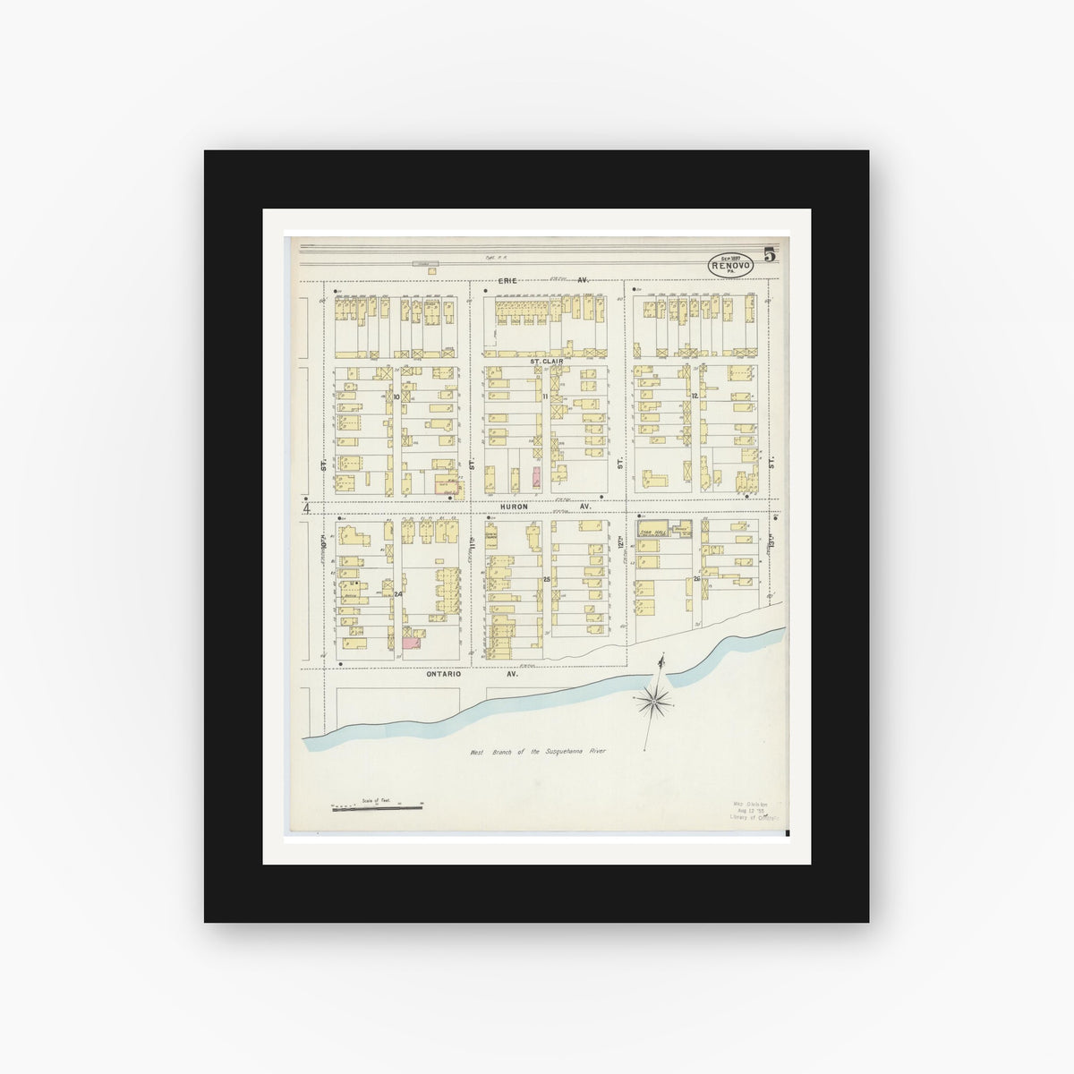 Old map wall art mockup — black gallery frame with white mat — Sanborn Fire Insurance Map from Renovo, Clinton County, Pennsylvania (1897), Sheet #0005