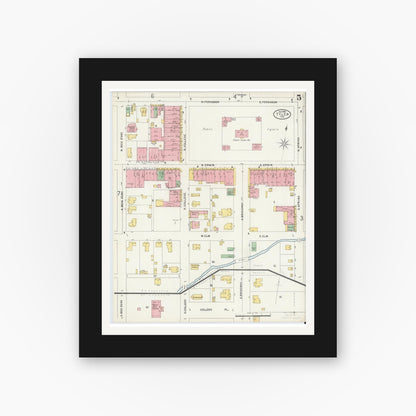 Old map wall art mockup — black gallery frame with white mat — Sanborn Fire Insurance Map from Tyler, Smith County, Texas (1898), Sheet #0005