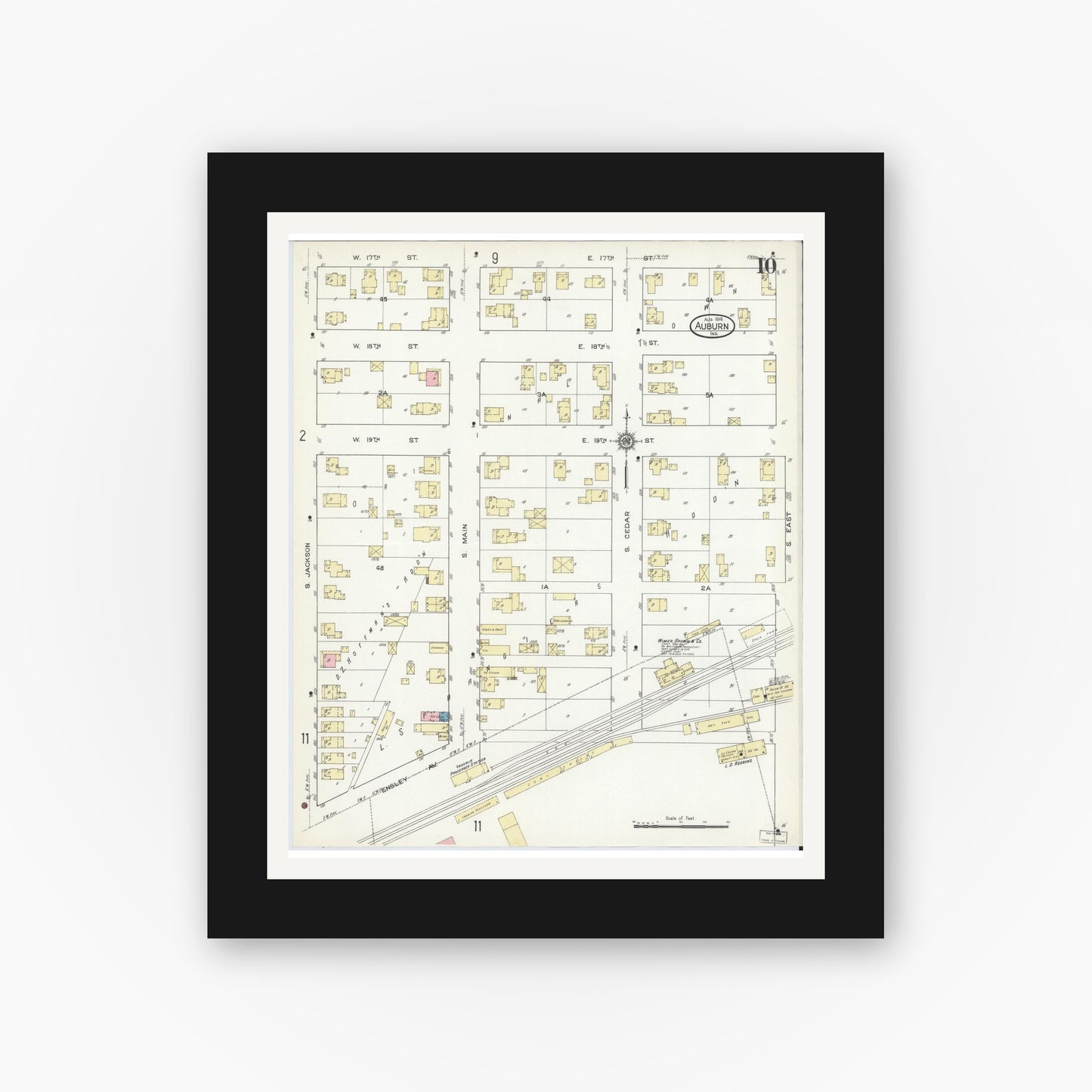 Old map wall art mockup — black gallery frame with white mat — Sanborn Fire Insurance Map from Auburn, De Kalb County, Indiana (1914), Sheet #0010