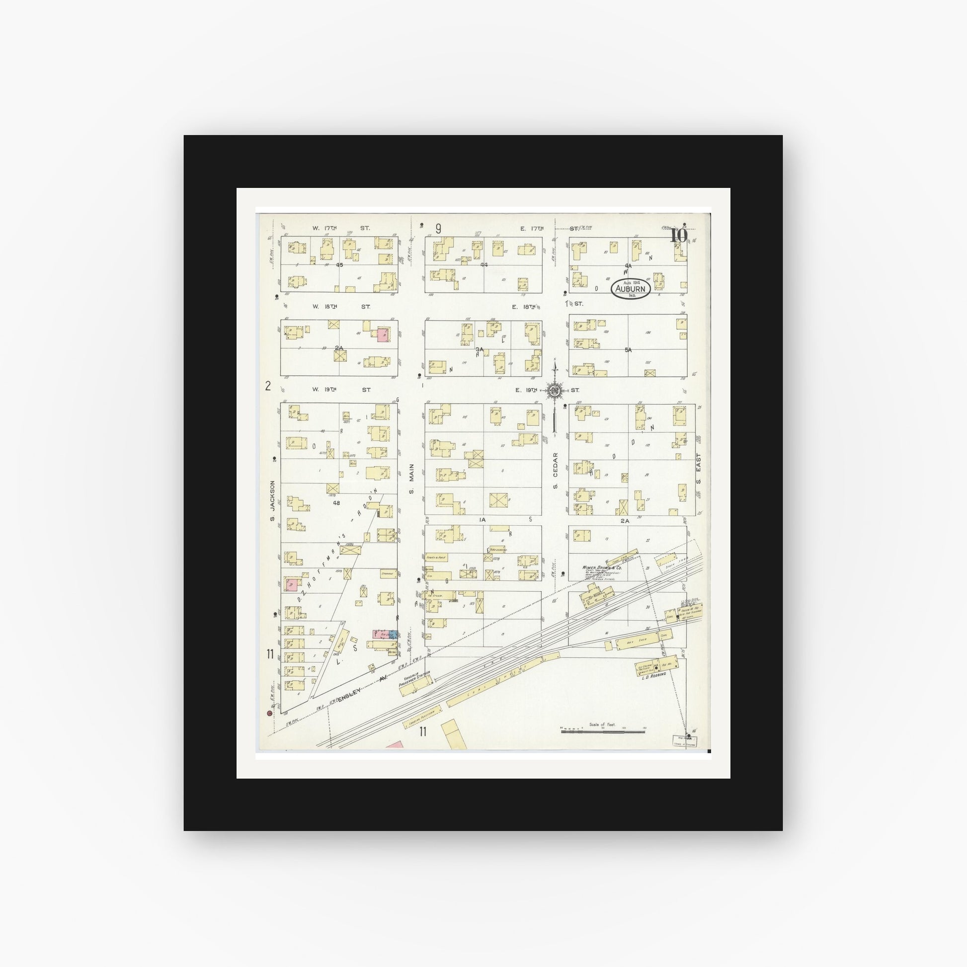 Old map wall art mockup — black gallery frame with white mat — Sanborn Fire Insurance Map from Auburn, De Kalb County, Indiana (1914), Sheet #0010