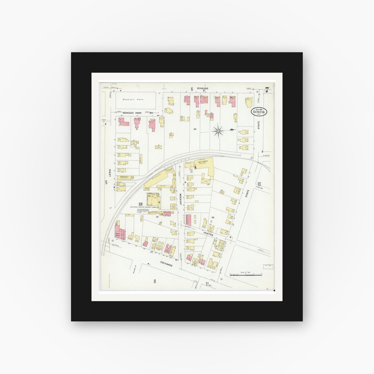 Old map wall art mockup — black gallery frame with white mat — Sanborn Fire Insurance Map from Geneva, Ontario County, New York (1909), Sheet #0007