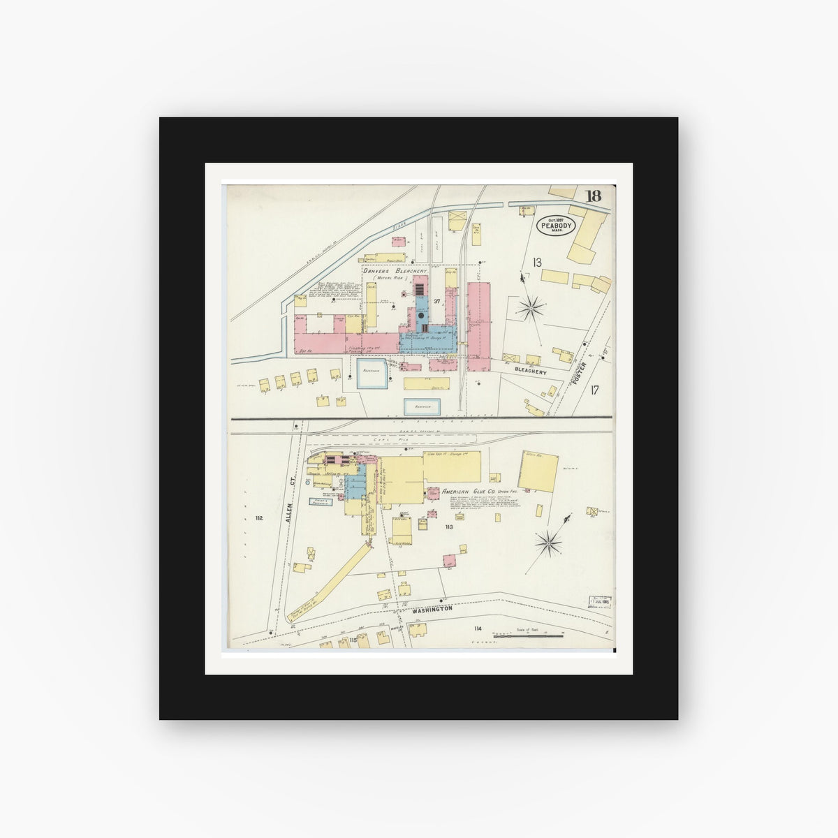 Old map wall art mockup — black gallery frame with white mat — Sanborn Fire Insurance Map from Peabody, Essex County, Massachusetts (1897), Sheet #0018