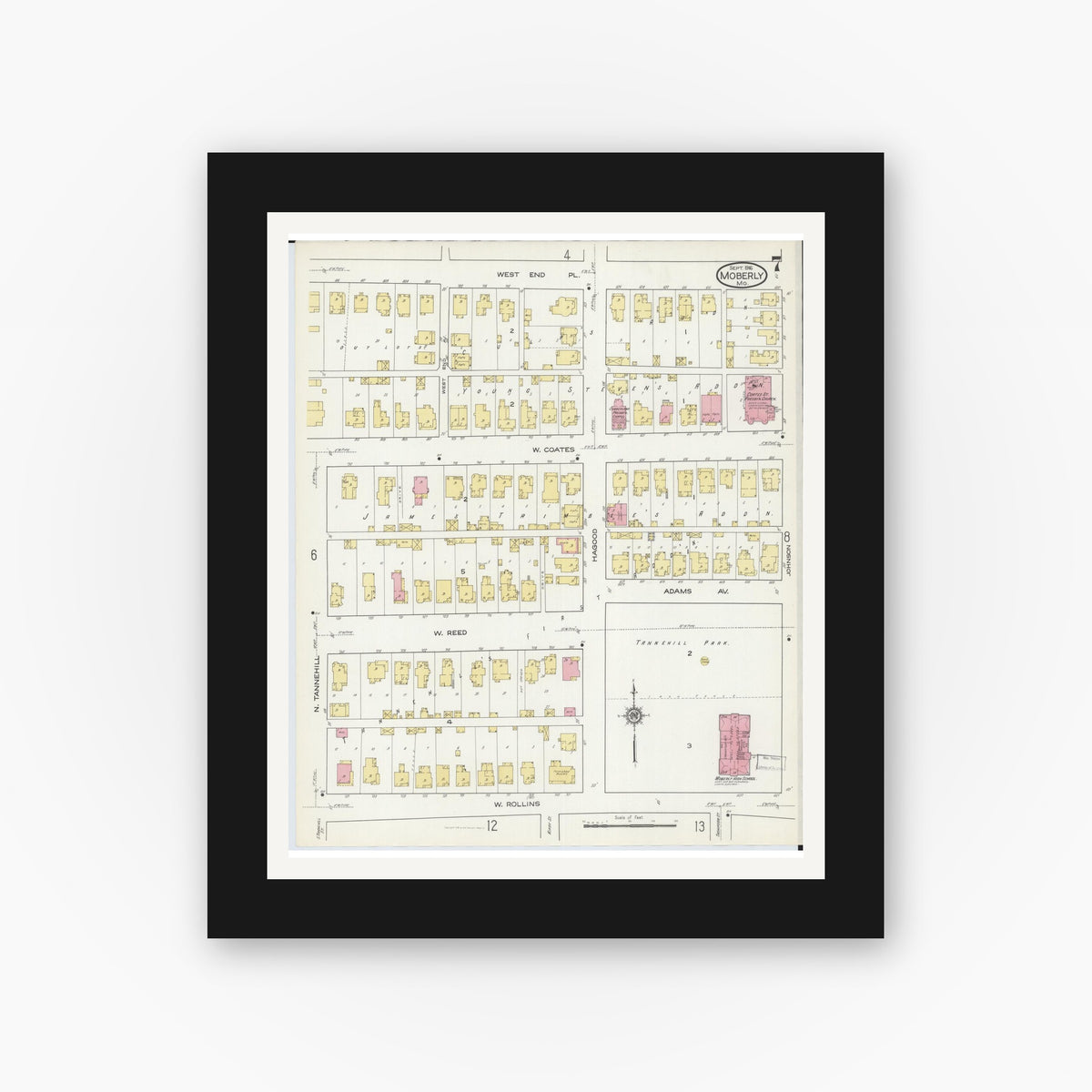 Old map wall art mockup — black gallery frame with white mat — Sanborn Fire Insurance Map from Moberly, Randolph County, Missouri (1916), Sheet #0007