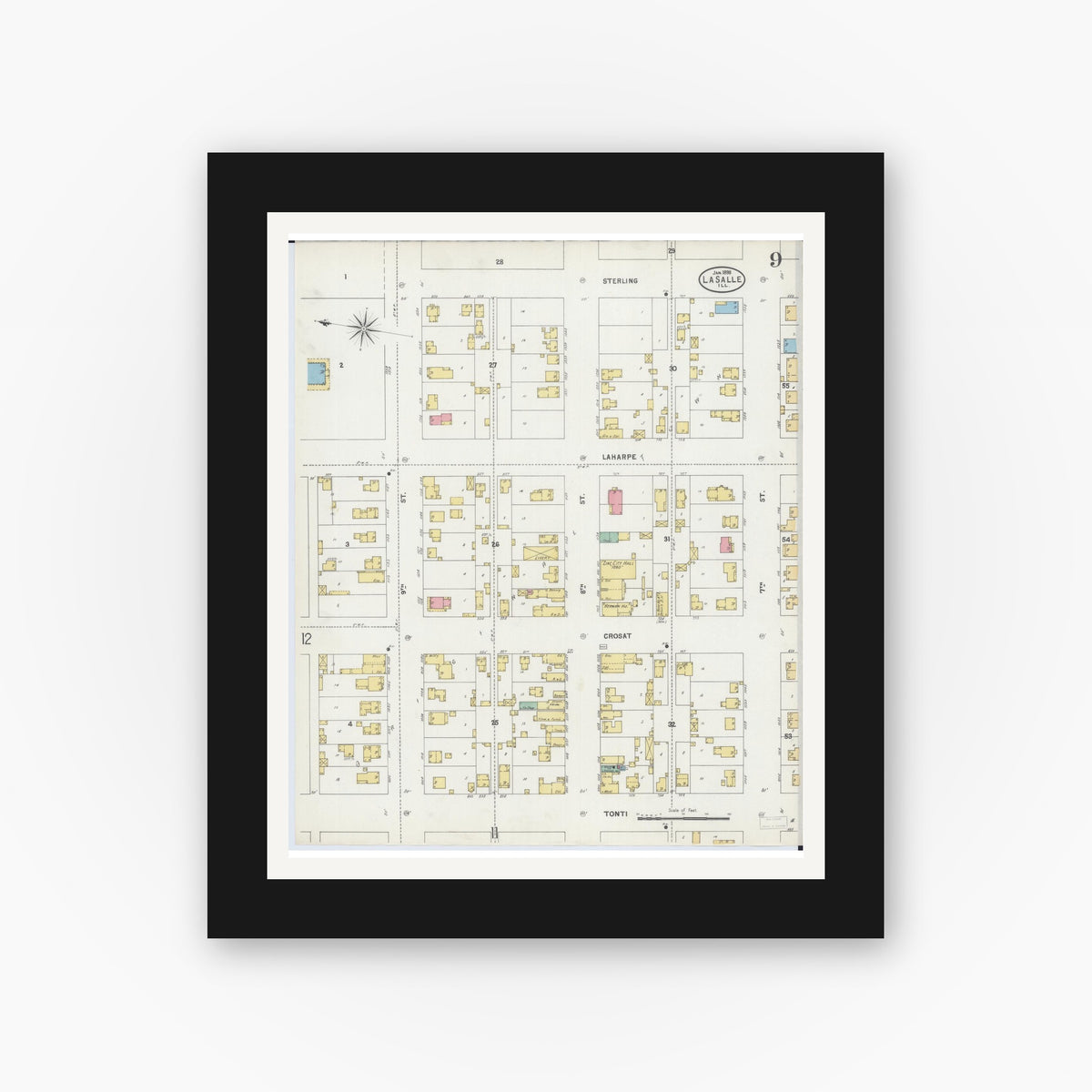 Old map wall art mockup — black gallery frame with white mat — Sanborn Fire Insurance Map from La Salle, La Salle County, Illinois (1898), Sheet #0009