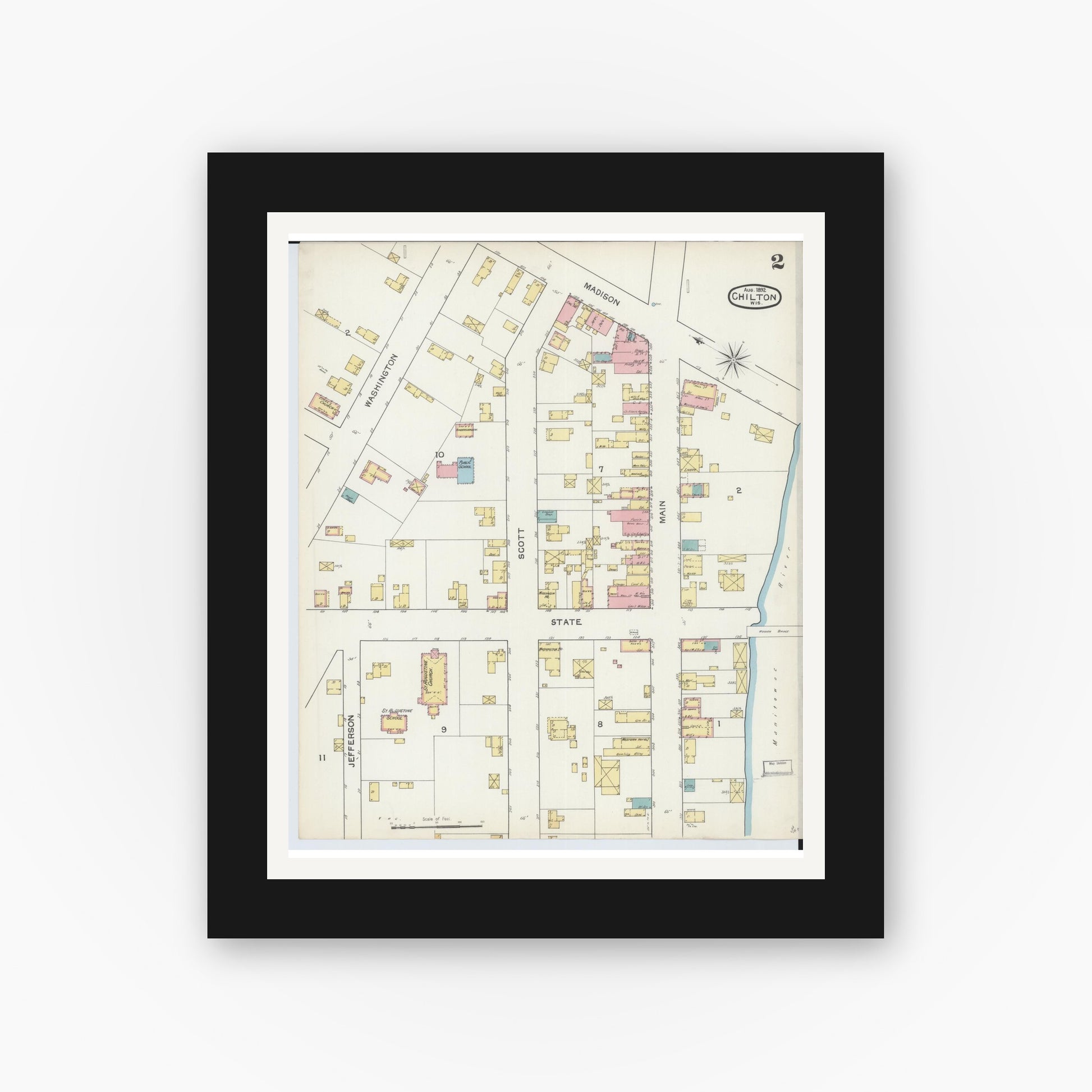 Old map wall art mockup — black gallery frame with white mat — Sanborn Fire Insurance Map from Chilton, Calumet County, Wisconsin (1892), Sheet #0002