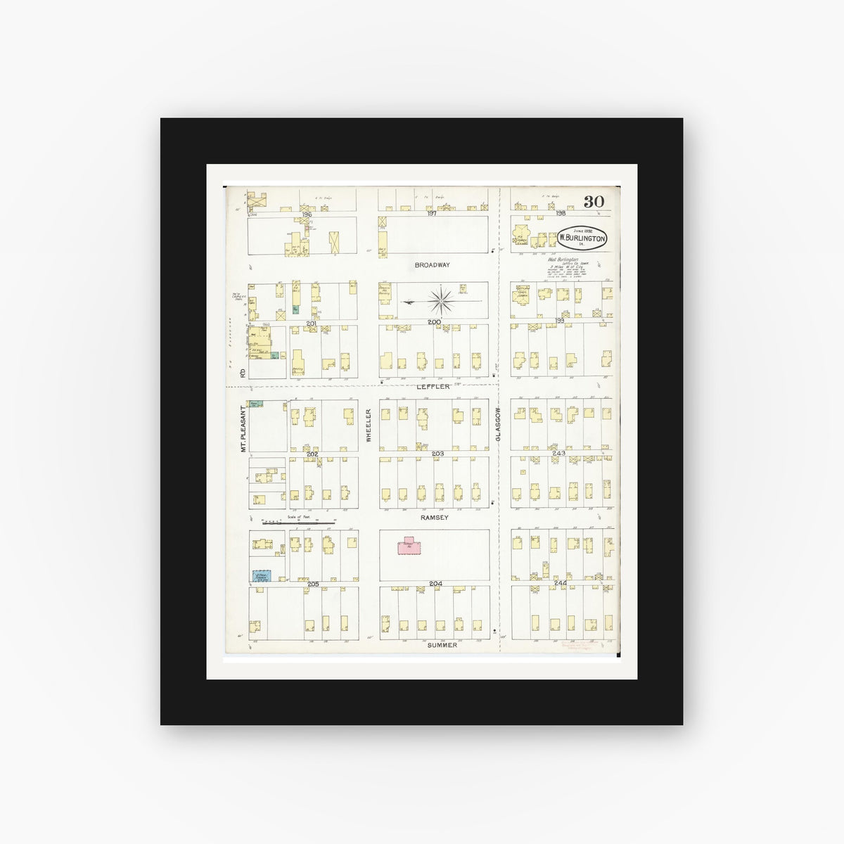 Old map wall art mockup — black gallery frame with white mat — Sanborn Fire Insurance Map from Burlington, Des Moines County, Iowa (1892), Sheet #0030