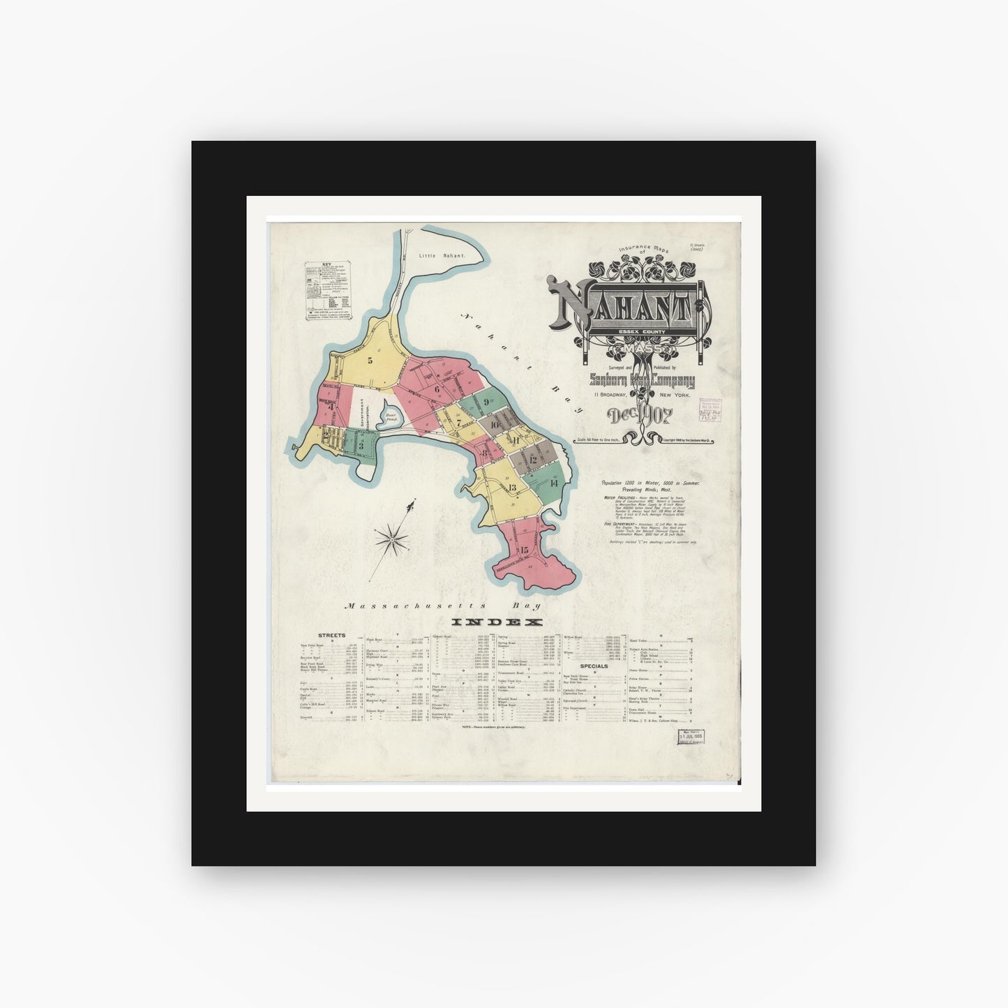 Old map wall art mockup — black gallery frame with white mat — Sanborn Fire Insurance Map from Nahant, Essex County, Massachusetts (1907), Sheet #0001
