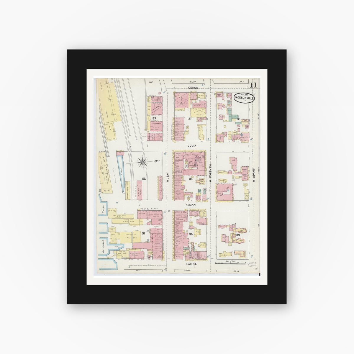 Old map wall art mockup — black gallery frame with white mat — Sanborn Fire Insurance Map from Jacksonville, Duval County, Florida (1891), Sheet #0011
