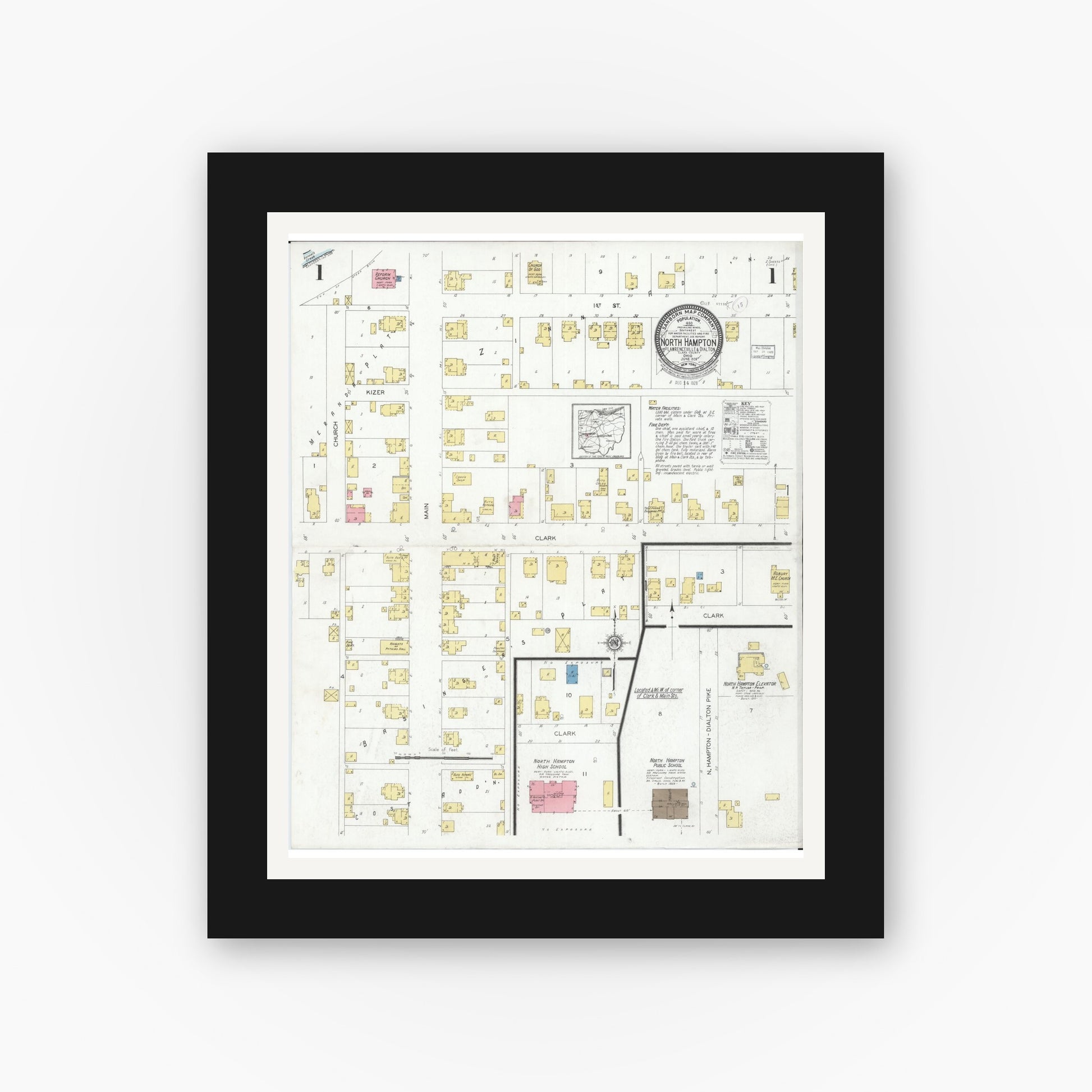 Old map wall art mockup — black gallery frame with white mat — Sanborn Fire Insurance Map from North Hampton, Clark County, Ohio (1928) - Complete Map Set