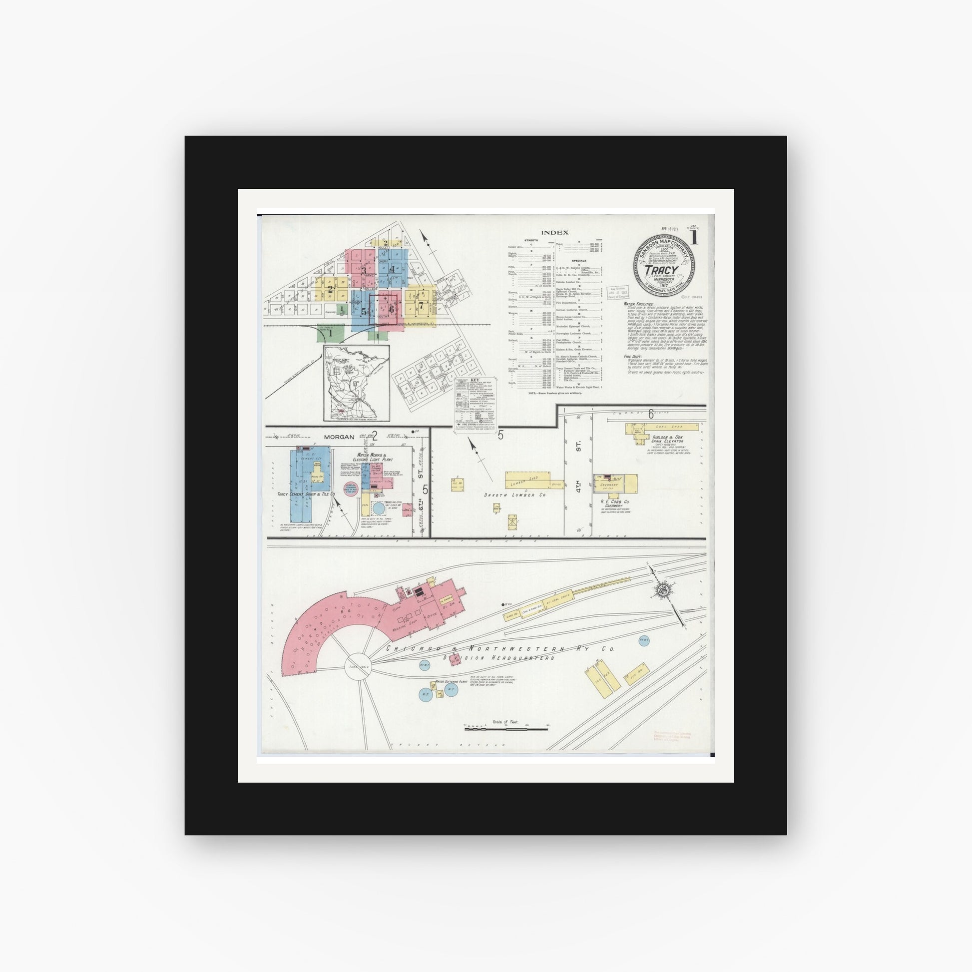 Old map wall art mockup — black gallery frame with white mat — Sanborn Fire Insurance Map from Tracy, Lyon County, Minnesota (1917), Sheet #0001
