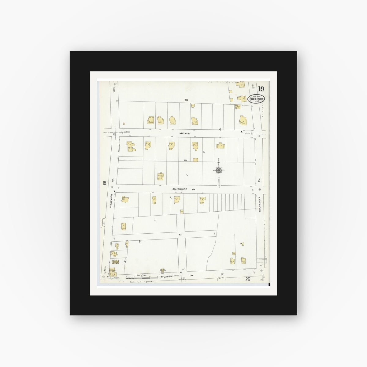 Old map wall art mockup — black gallery frame with white mat — Sanborn Fire Insurance Map from Freeport, Nassau County, New York (1910), Sheet #0019