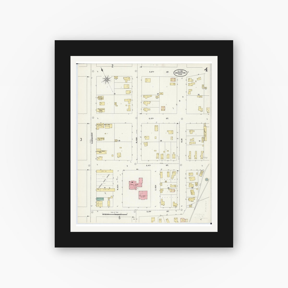 Old map wall art mockup — black gallery frame with white mat — Sanborn Fire Insurance Map from Crookston, Polk County, Minnesota (1906), Sheet #0004