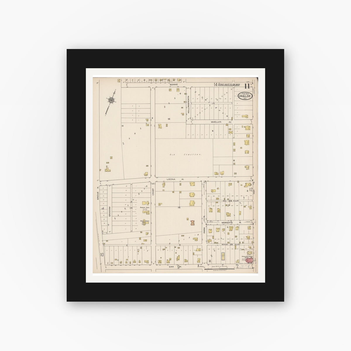 Old map wall art mockup — black gallery frame with white mat — Sanborn Fire Insurance Map from Uvalde, Uvalde County, Texas (1922), Sheet #0011