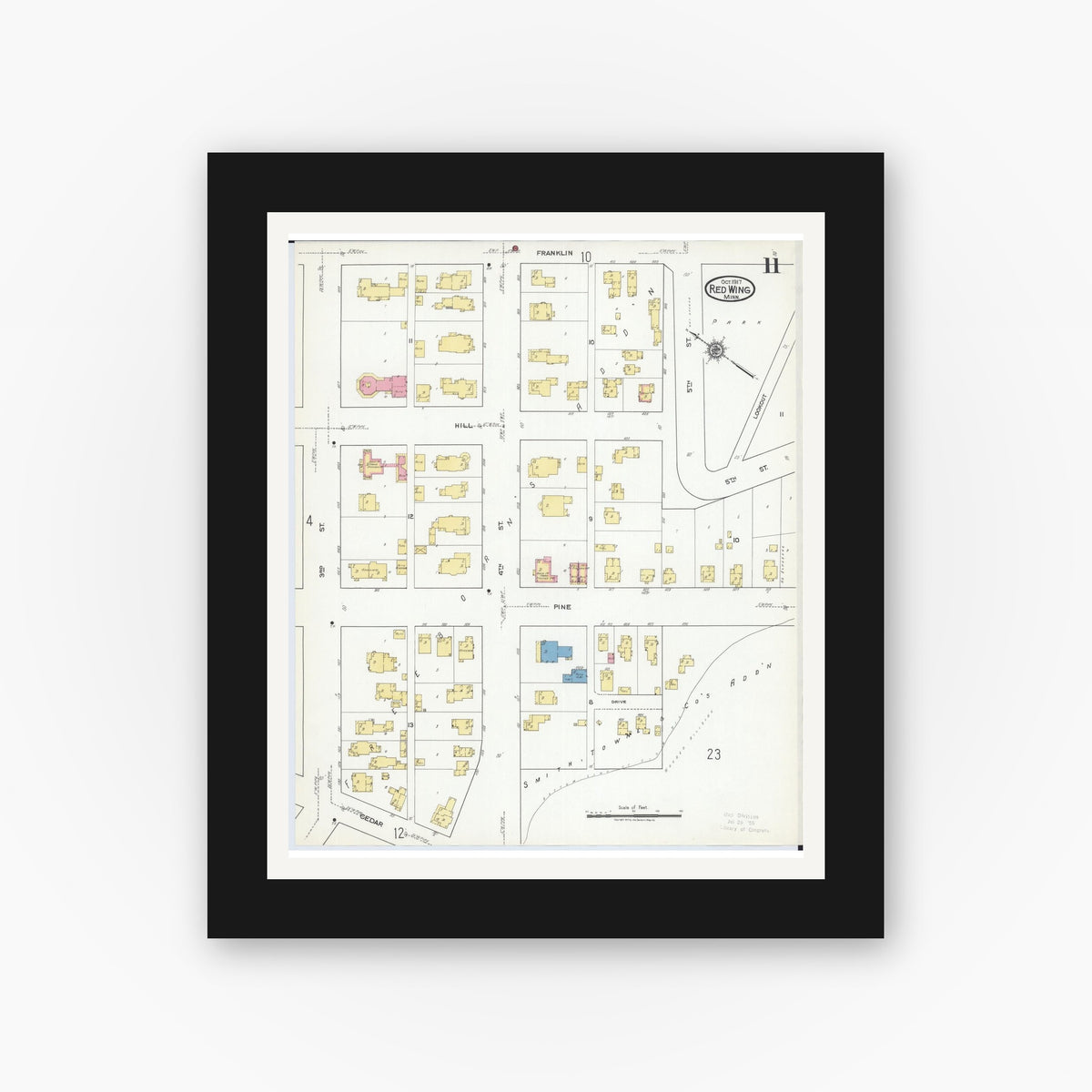 Old map wall art mockup — black gallery frame with white mat — Sanborn Fire Insurance Map from Red Wing, Goodhue County, Minnesota (1917), Sheet #0011