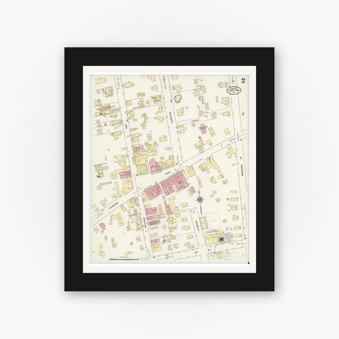 Old map wall art mockup — black gallery frame with white mat — Sanborn Fire Insurance Map from Canton, Bradford County, Pennsylvania (1911), Sheet #0002