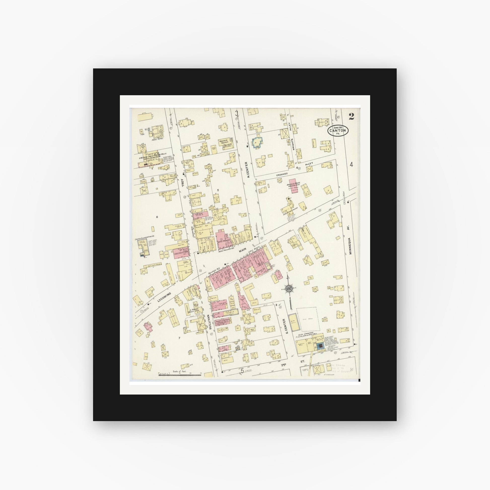 Old map wall art mockup — black gallery frame with white mat — Sanborn Fire Insurance Map from Canton, Bradford County, Pennsylvania (1911), Sheet #0002