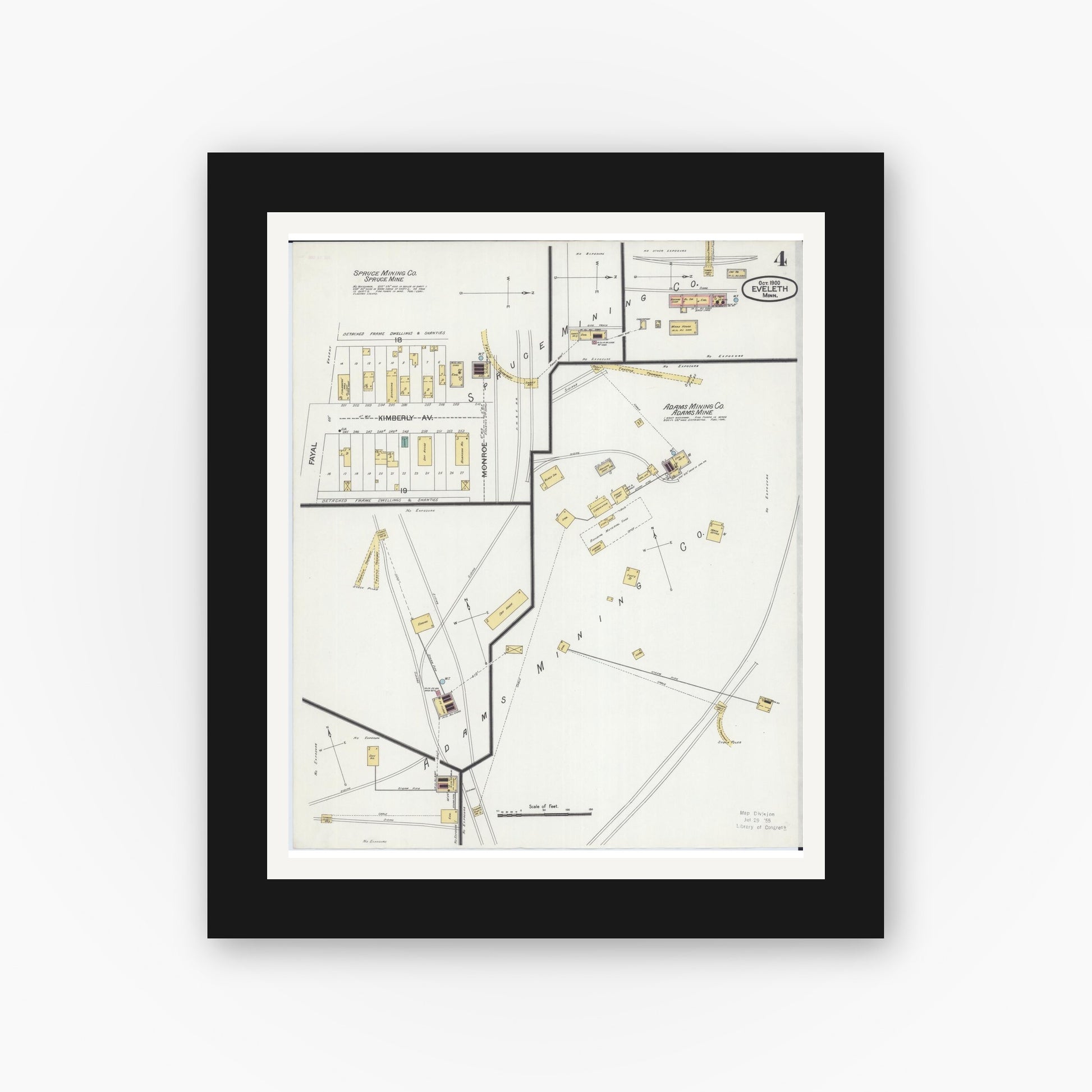 Old map wall art mockup — black gallery frame with white mat — Sanborn Fire Insurance Map from Eveleth, Saint Louis County, Minnesota (1900), Sheet #0004
